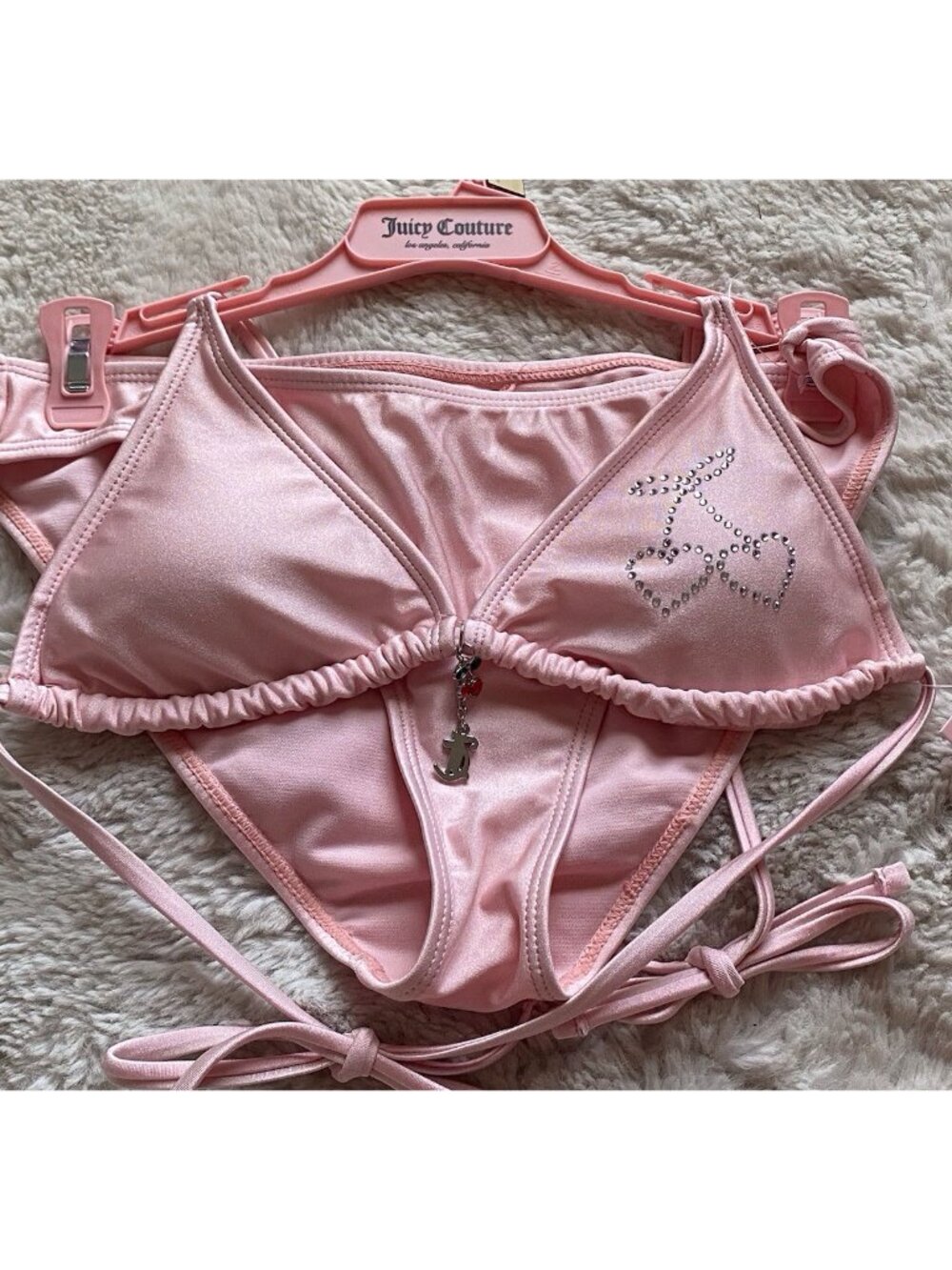 Juicy Couture Double Charm Dangle Triangle Bikini Heart Cherries Pink Size M NEW